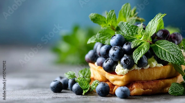 Obraz Delicious stack of waffles topped with fresh blueberries and mint leaves garnished on a rustic countertop