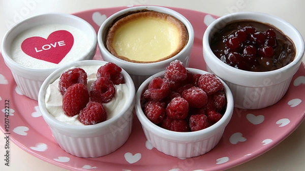 Obraz Delicious dessert platter featuring raspberry options and a cheesecake on a romantic heart-themed plate