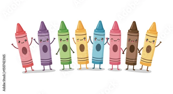 Obraz Group of colorful happy cartoon crayons with smiling faces and raised arms in playful arrangement 