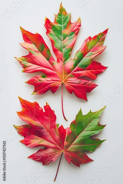 Fototapeta Bright red maple leaves, a beautiful autumn decoration, capture the vibrant color of the season