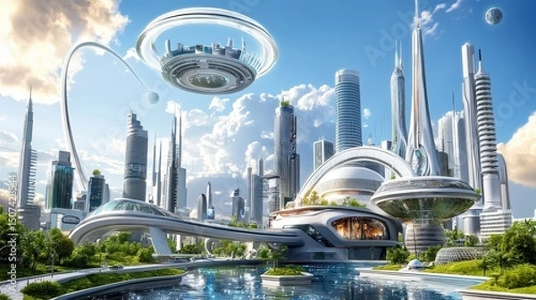 Fototapeta futuristic city skyline concept. Futuristic cityscape with unique architecture and hovering structures.