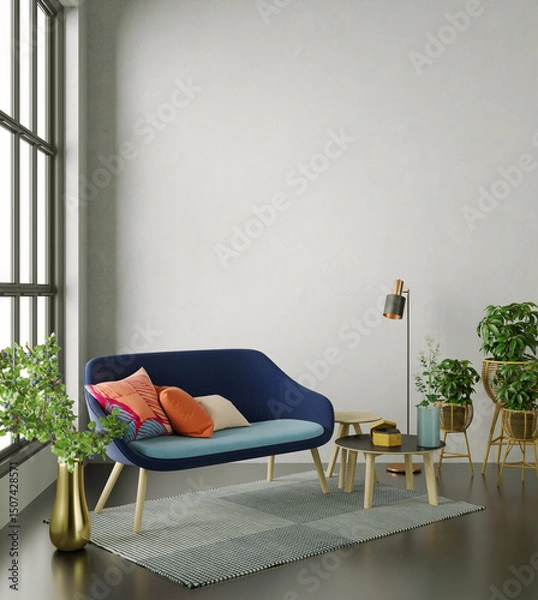 Fototapeta Large luxury modern bright interiors Living room mockup illustration 3D rendering image