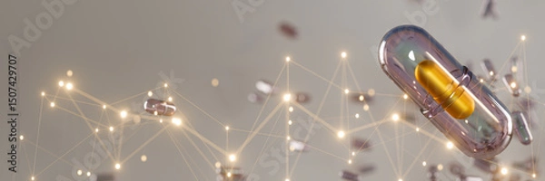Fototapeta Digital capsule and molecular network representing futuristic medicine and healthcare innovation. 3d rendering