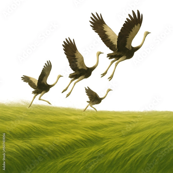 Fototapeta Stork and vulture silhouettes in the grass