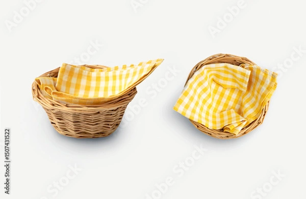 Fototapeta Food advertisement container,straw wicker decorated with yellow picnic cloth,checkered towel.Homemade bakery promotional banner. Product design element.
