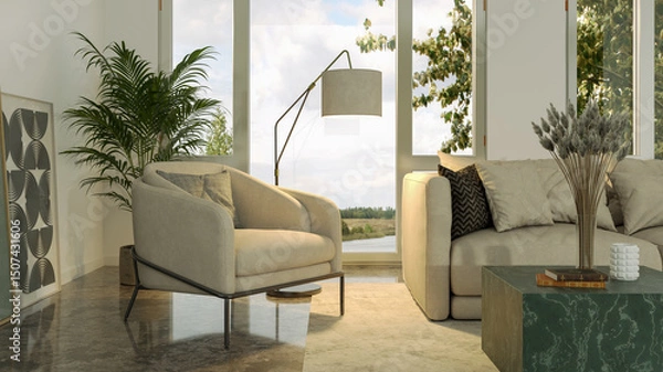 Fototapeta Large luxury modern bright interiors Living room mockup illustration 3D rendering image