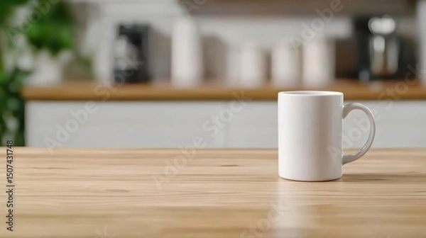 Obraz Blank white coffee mug on wooden table against blurred kitchen background for branding and product display