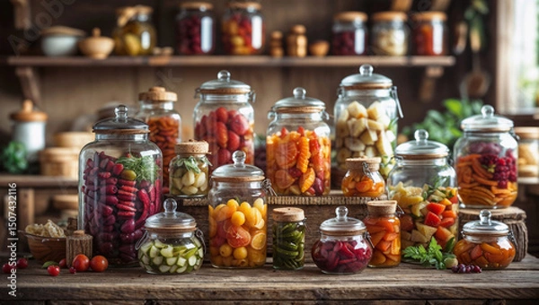 Fototapeta Assorted preserved fruits and vegetables in glass jars on rustic wooden table.
