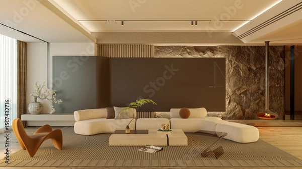 Fototapeta Large luxury modern bright interiors Living room mockup illustration 3D rendering image