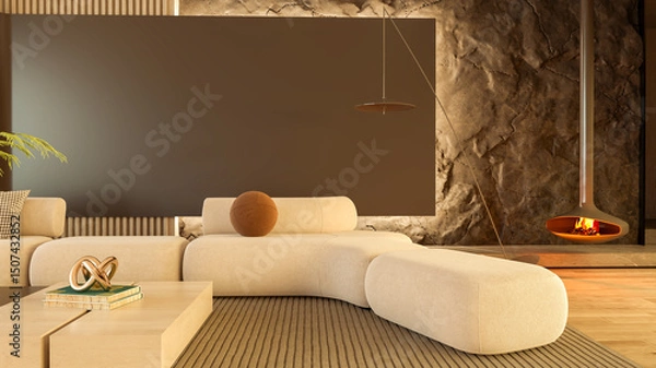 Fototapeta Large luxury modern bright interiors Living room mockup illustration 3D rendering image