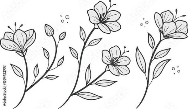 Obraz Minimal Botanical graphic sketch drawing, trendy tiny tattoo design, floral elements minimalist black and white vector illustration of five elegant botanical sketches.