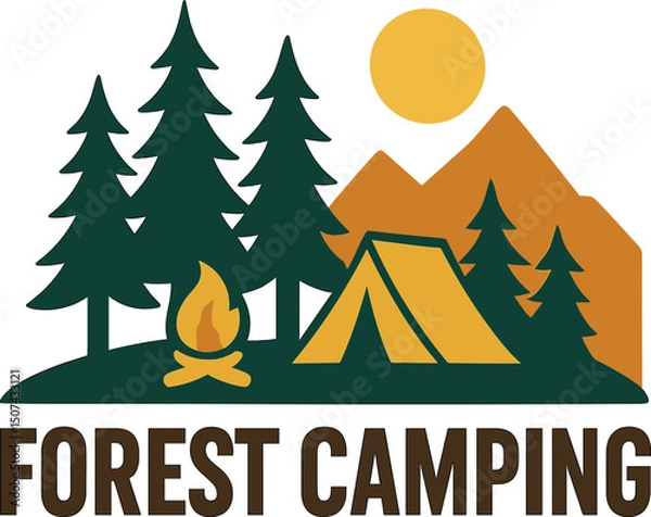 Fototapeta Vector illustration of a forest camping logo emblem representing outdoor adventure and leisure with silhouettes of pine trees