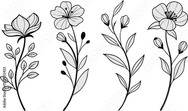 Obraz Minimal Botanical graphic sketch drawing, trendy tiny tattoo design, floral elements minimalist black and white vector illustration of five elegant botanical sketches.