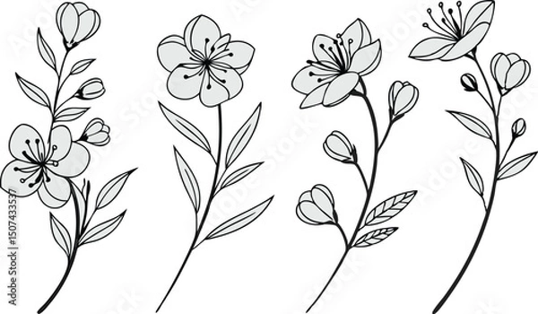 Obraz Minimal Botanical graphic sketch drawing, trendy tiny tattoo design, floral elements minimalist black and white vector illustration of five elegant botanical sketches.