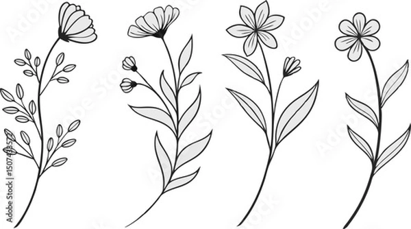 Obraz Minimal Botanical graphic sketch drawing, trendy tiny tattoo design, floral elements minimalist black and white vector illustration of five elegant botanical sketches.