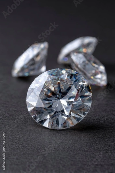 Fototapeta Three diamonds rest on a gray textured surface with one dominant in the foreground