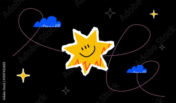 Fototapeta Stylized and vivid illustration featuring a textured smiling star. Print or cover design.