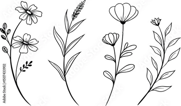 Obraz Minimal Botanical graphic sketch drawing, trendy tiny tattoo design, floral elements minimalist black and white vector illustration of five elegant botanical sketches.