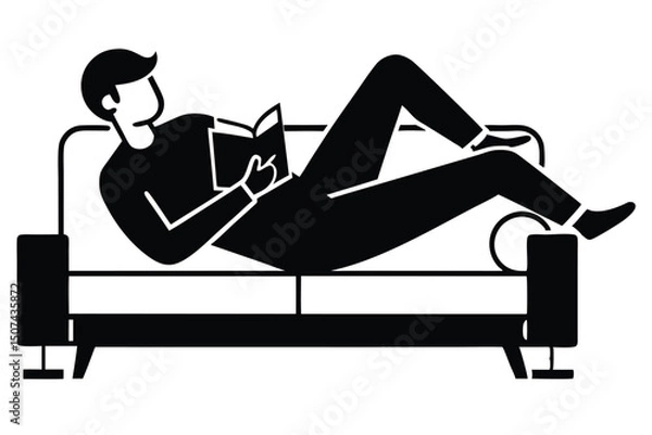 Obraz Man Relaxing Sofa Reading Book Simple Icon