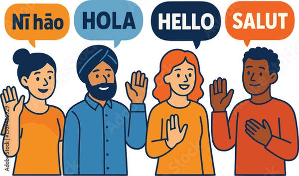 Fototapeta A diverse group of individuals from various linguistic backgrounds exchange greetings, waving their hands and using distinct gestures to convey their hellos