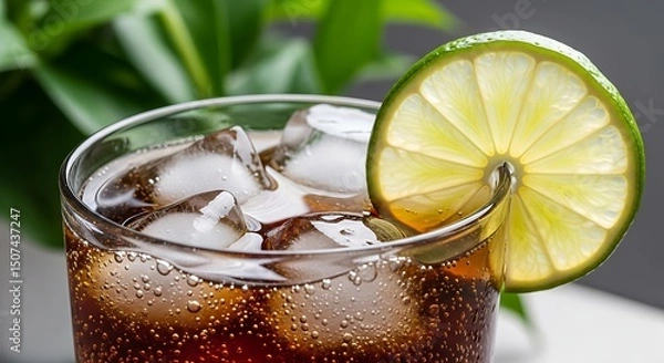 Fototapeta Close-up of a cold, carbonated drink with ice and lime, perfect for summer