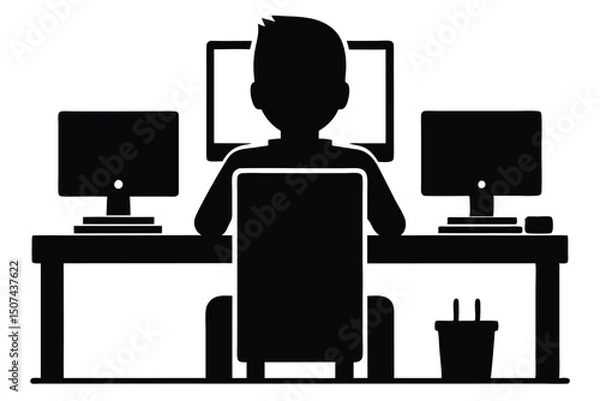 Obraz Person Working Multi Monitors Desk