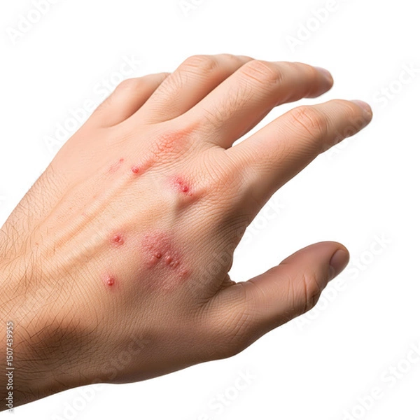 Obraz Photorealistic human hand with visible scabies rash, itching marks, and skin irritation on white background