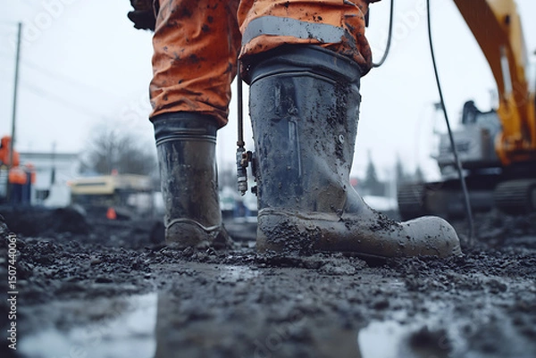 Fototapeta Construction Worker in Mud with Rubber Boots