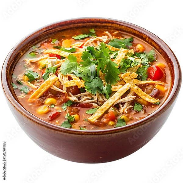 Fototapeta Delicious chicken tortilla soup bowl isolated on transparent background