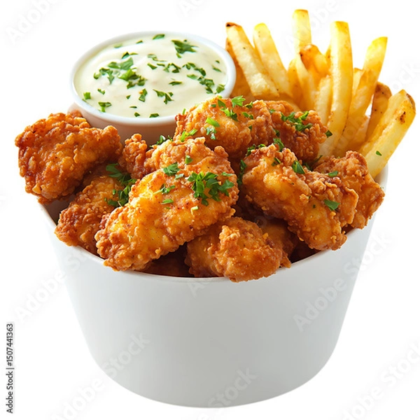 Fototapeta Crispy chicken nuggets with fries and dip isolated on transparent background