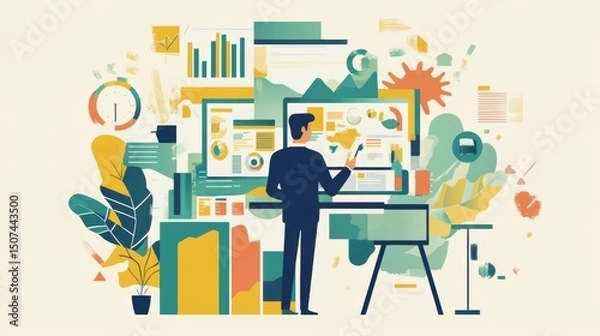 Fototapeta Professional Analyzing Data on Screen with Graphics in a Business Setting