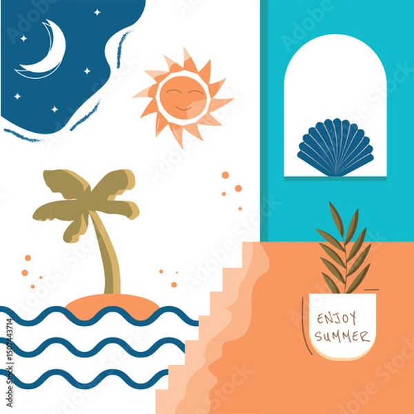 Fototapeta Summer modern poster. Abstract background with palm, wavy, sun, moon, seashell, plant. Vector illustration. 