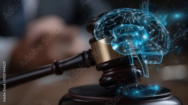 Fototapeta Judgement of Intellect: A gavel descends upon a glowing brain model, symbolizing the intersection of law, thought, and the cognitive processes behind decision-making, justice, and intellect.