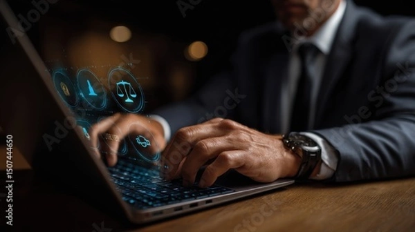 Fototapeta Legal Professional Navigating Digital Law: An image showcasing a legal professional adeptly working on a laptop, immersed in digital legal matters, reflecting expertise in modern law and technology.
