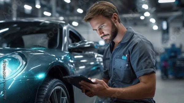 Fototapeta Mechanic Inspecting Car: A focused male mechanic uses a digital tablet to inspect a sleek, dark-colored car in a modern auto repair shop, highlighting automotive technology and expertise. 