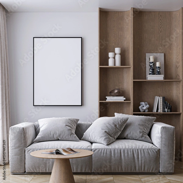 Fototapeta Frame mockup, ISO A paper size. Living room wall poster mockup. Interior mockup with house background. Modern interior design. 3D render
