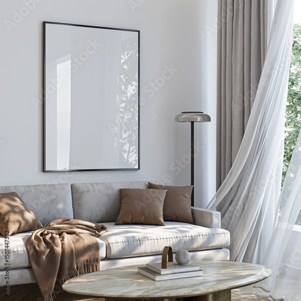 Fototapeta Frame mockup, ISO A paper size. Living room wall poster mockup. Interior mockup with house background. Modern interior design. 3D render
