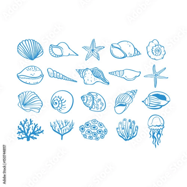 Fototapeta Sea life hand drawn vector illustrations. Vector set with marine life.
