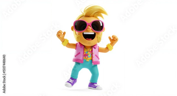 Obraz Cartoon character dancing joyfully in colorful sunglasses and outfit  