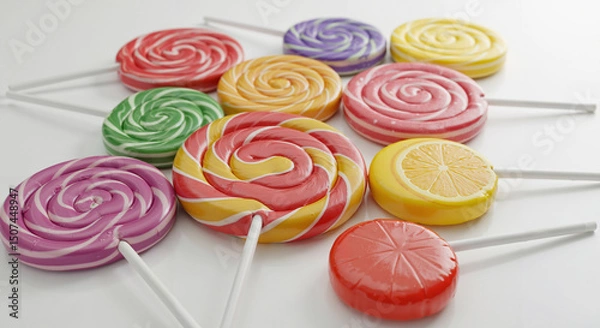Fototapeta Colorful lollipops arranged on white background in playful layout  