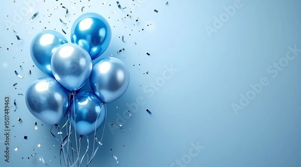 Obraz Festive cluster of shiny blue balloons with silver confetti on a light blue background