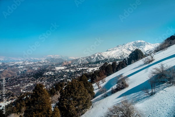 Fototapeta Amirsoy, Amirsay snowy rocks, mountains in Uzbekistan