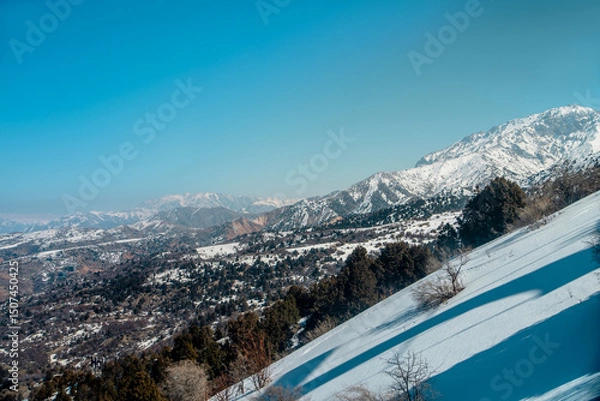 Fototapeta Amirsoy, Amirsay snowy rocks, mountains in Uzbekistan