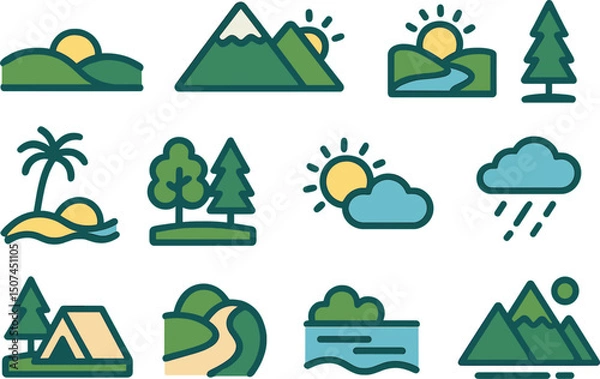 Fototapeta A set of icons representing landscape and nature is available in vector and illustration formats