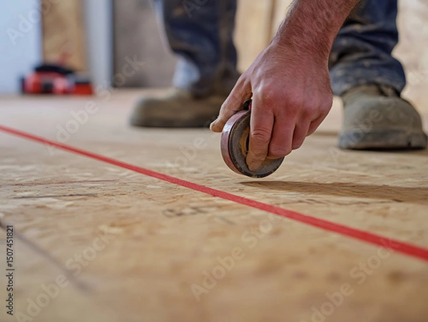 Fototapeta Construction Worker Using Laser Level on Plywood Floor