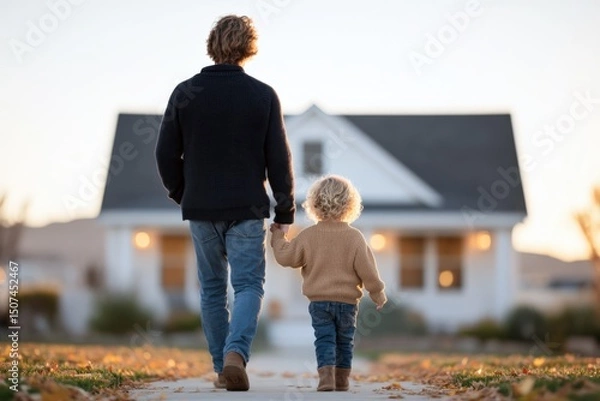 Obraz Rear view of father and child holding hands while walking toward home on autumn evening
