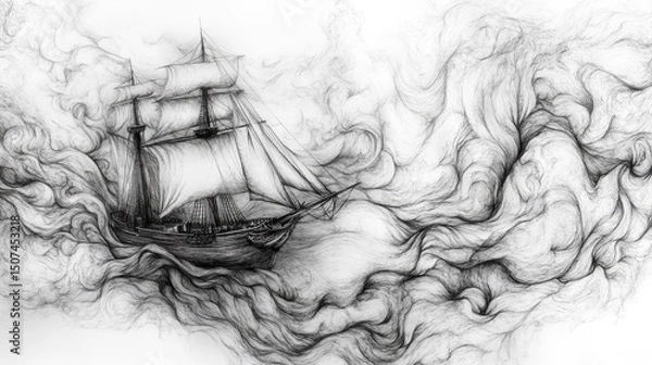 Obraz Abstract black and white drawing of ship in swirling seas of linework, smoke patterns, and ornamental forms.