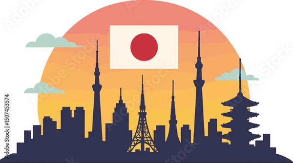 Fototapeta Vector illustration of Tokyo city skyline set against a vibrant gradient sky with a beautiful day background and the flag of Japan