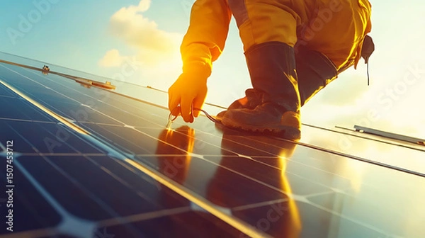 Fototapeta Technician Installing Solar Panels on a Rooftop
