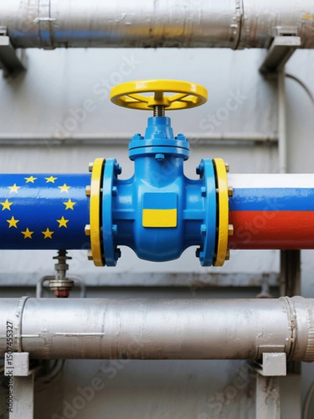 Fototapeta Horizontal gas pipeline with EU, Russian and Ukrainian flag colors used in geopolitical energy infrastructure visualization